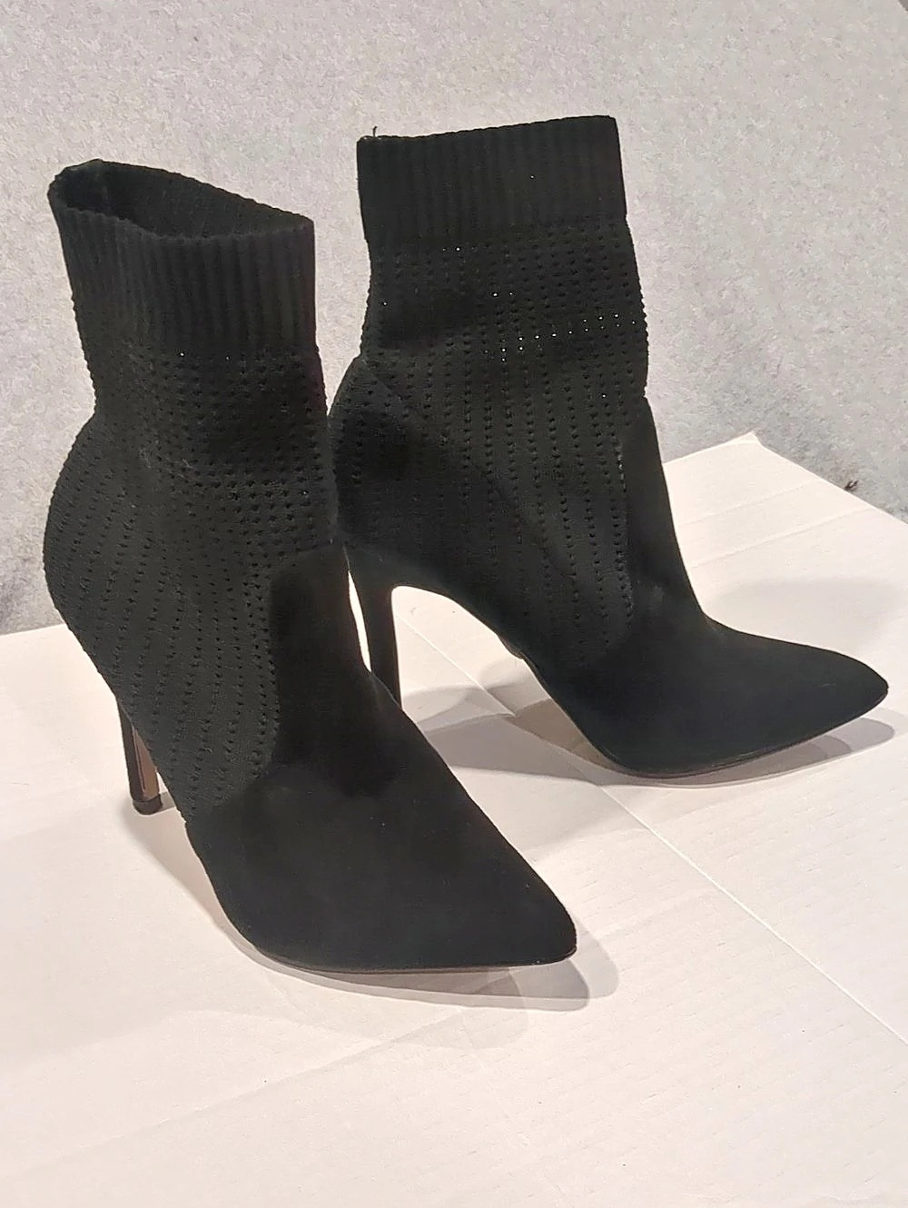Catherine Malandrino pointed-toe Suede/ Knit  Sock Booties, Sz 6.5